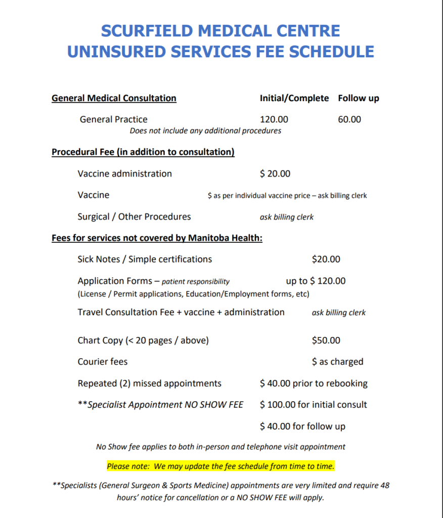 Uninsured Services - Scurfield Medical Centre